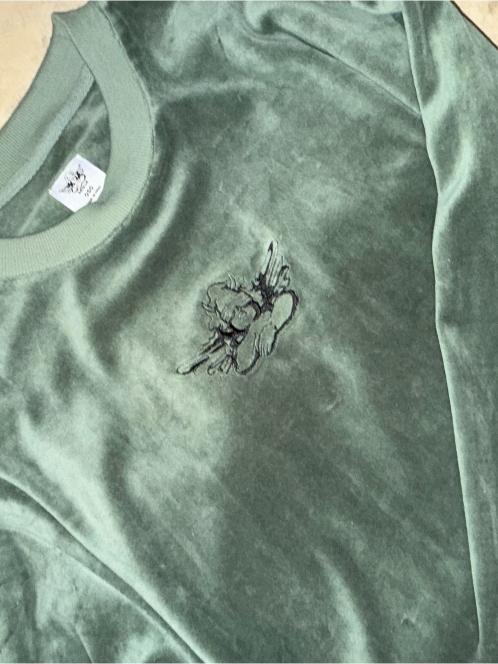 Boys Lie Green Velvet-Look Crewneck Sweatshirt with Black Embroidered Motif